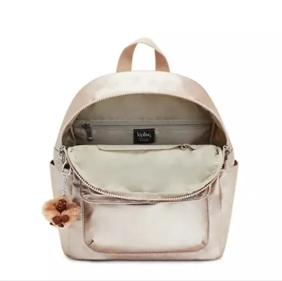 KIPLING BACKPACK METALLIC GOLD ROSE Matta Up Bag Medium NEW - Picture 4 of 15